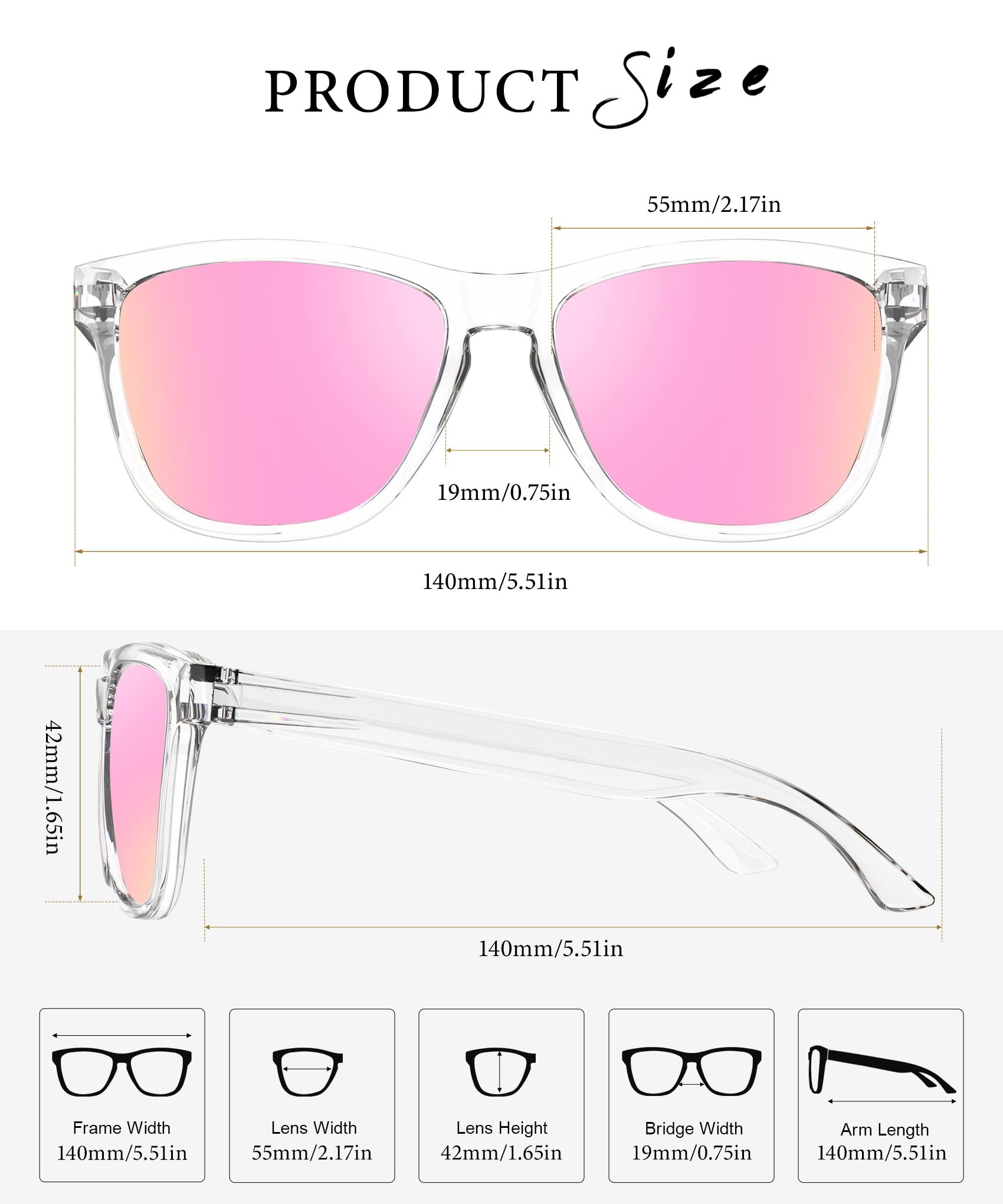 Clear frame polarized sunglasses with pink lenses for sunny days