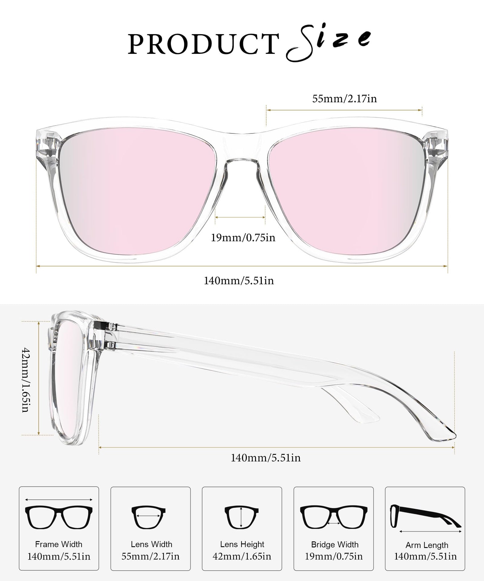 VacationGrabs polarized sunglasses with clear frames and pink lenses