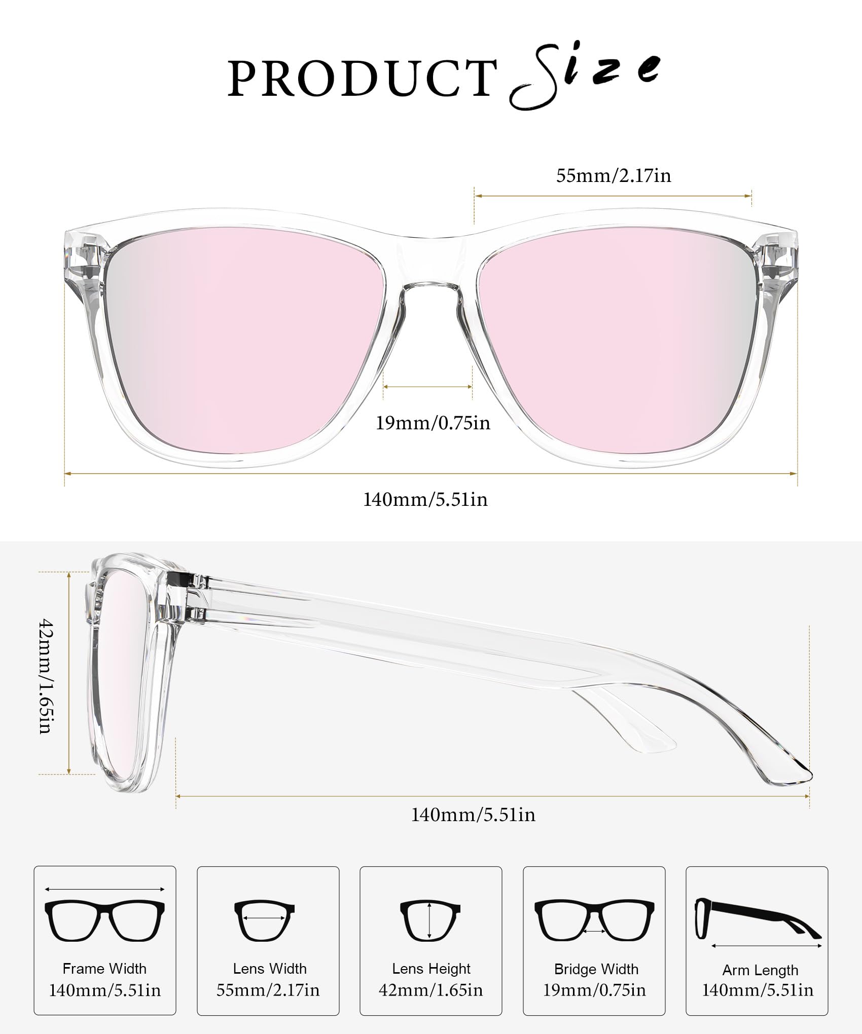 VacationGrabs polarized sunglasses with clear frames and pink lenses