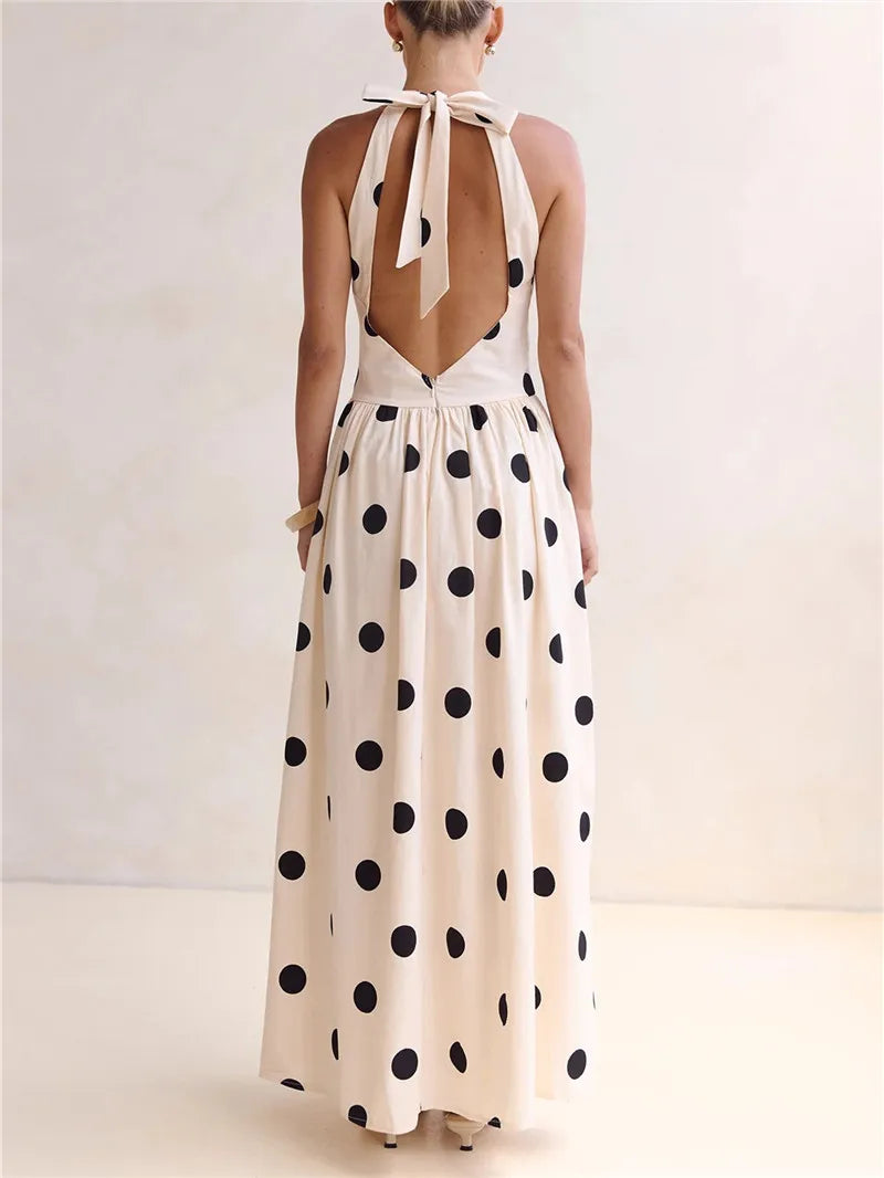 Women's cream polka dot maxi dress with back tie for casual outings