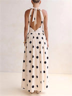 Women's cream polka dot maxi dress with back tie for casual outings