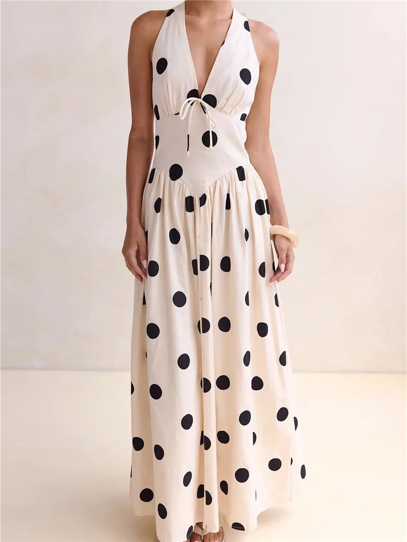 Women's polka dot maxi dress, lightweight fabric, perfect for summer outings
