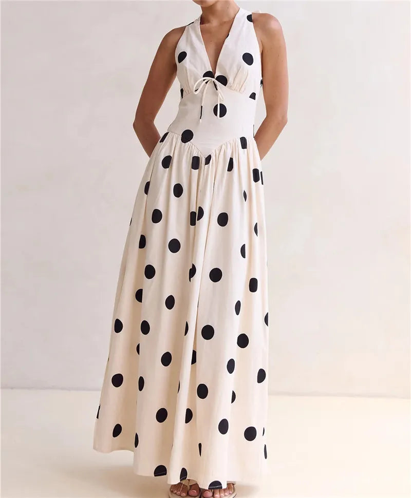 Women's polka dot maxi dress, lightweight fabric, perfect for summer outings