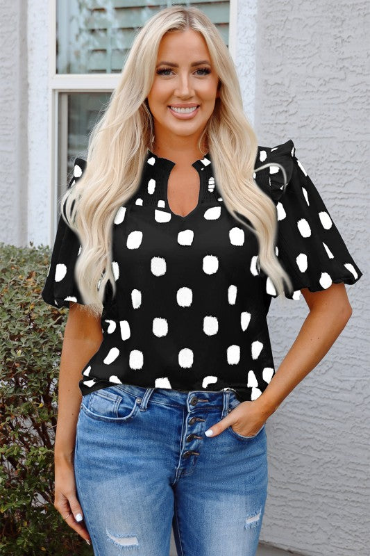 Stylish black polka dot balloon sleeve blouse with a keyhole neckline perfect for casual outfits