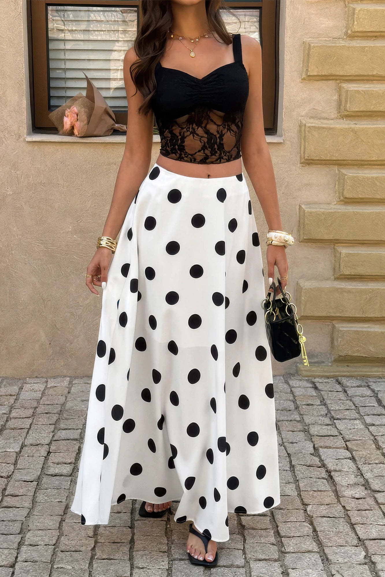 Women's black lace crop top with white polka dot dots maxi skirt for summer outings
