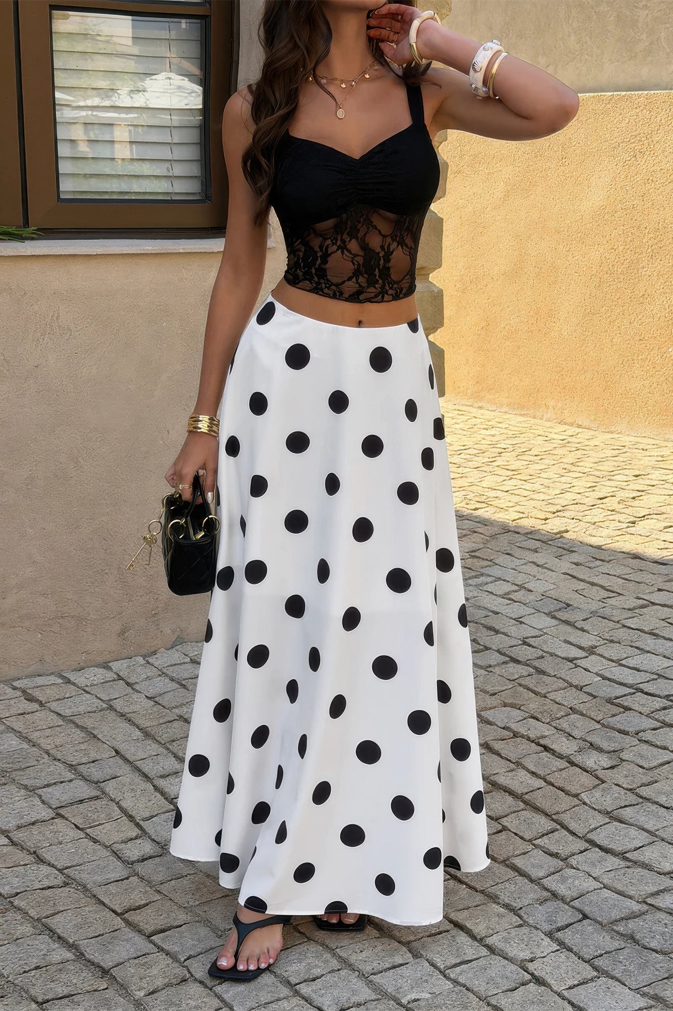 Women's black and white polka dot dots maxi skirt for summer outings