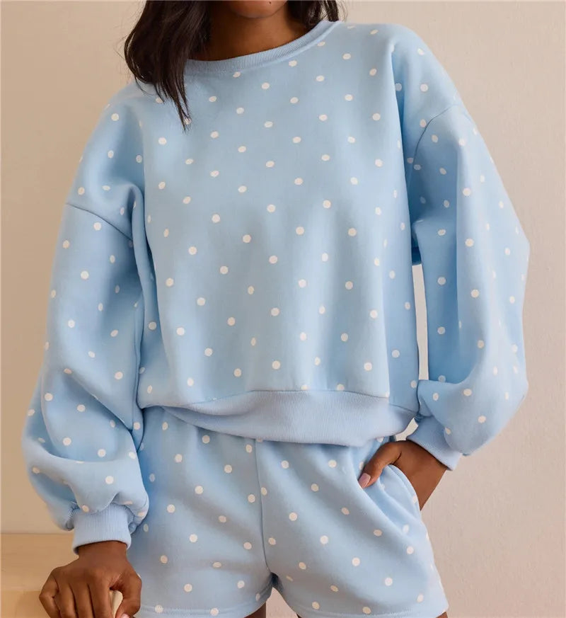 Women's blue polka dot dots sweatshirt and shorts set, casual wear