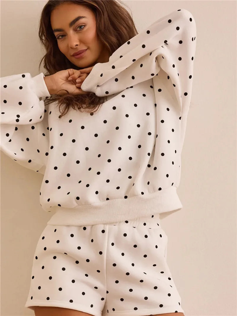 Women's polka dot dots lounge set in cream, soft cotton for casual wear