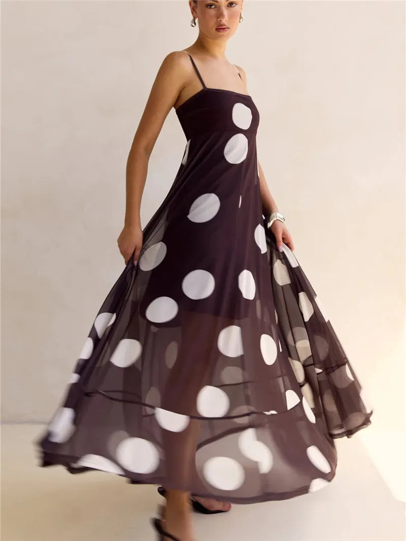 Women's black and white polka dot maxi dress, lightweight for summer events