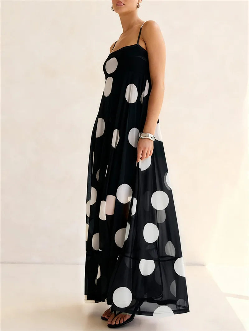 Women's black polka dot maxi dress, lightweight for summer outings