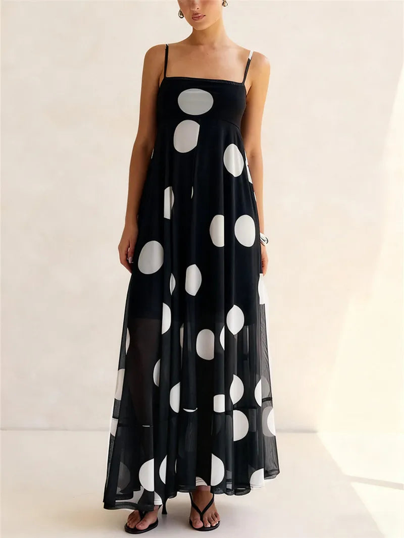 Women's black polka dot maxi dress for casual summer outings