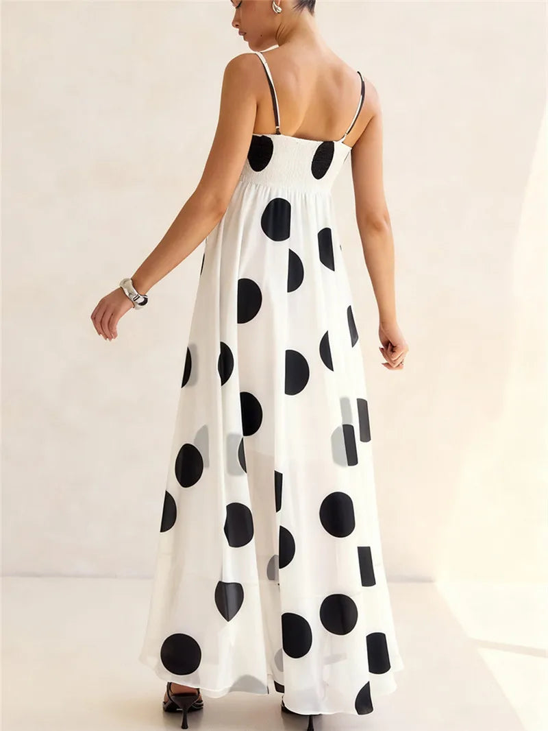Women's black and white polka dot maxi dress for summer parties