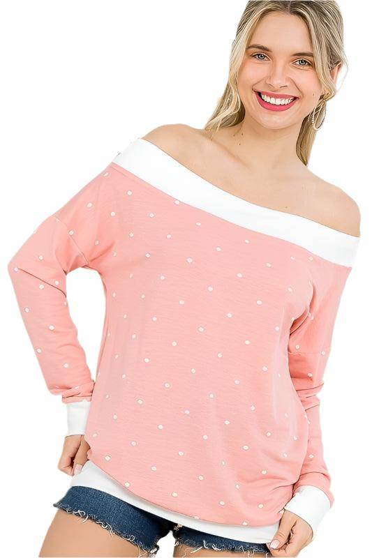 e Luna Women's Polka Dot Off Shoulder Top in Pink with Cozy Fit and Long Sleeves
