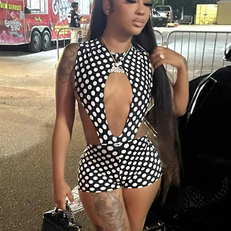 Polka dot one piece jumpsuit, black and white, stylish summer outfit