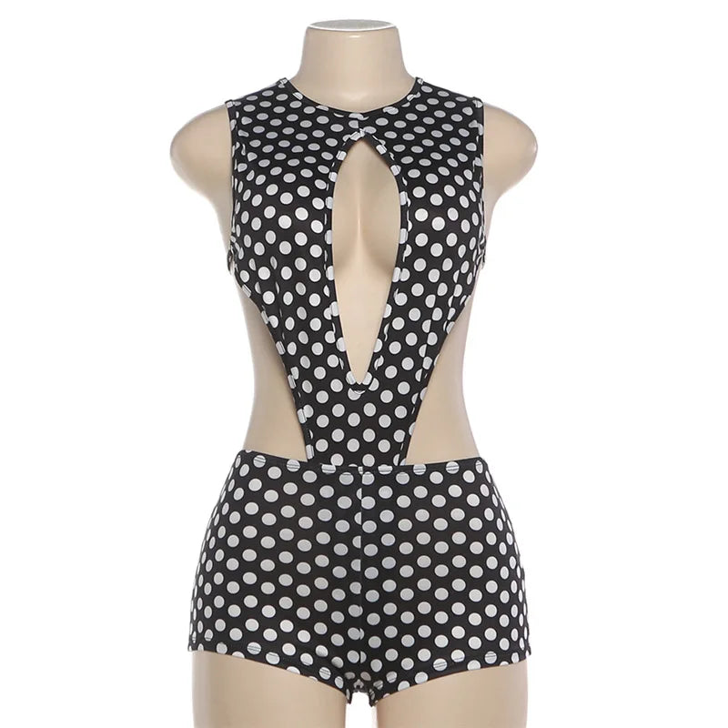 Polka dot one piece jumpsuit, stylish design for summer outings