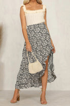 VacationGrabs Women's Polka Dot Ruffled Maxi Skirt with High Slit and Floral Top for Summer Style