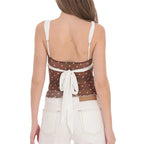 Women's brown polka dot top with adjustable back ties for casual wear