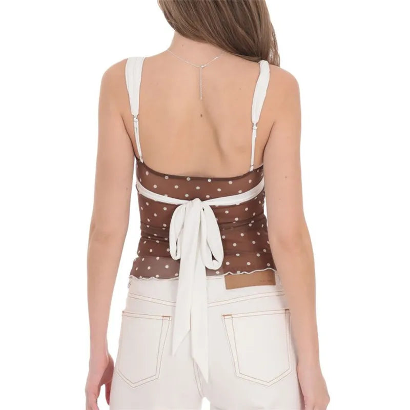 Women's brown polka dot top with adjustable back ties for casual wear