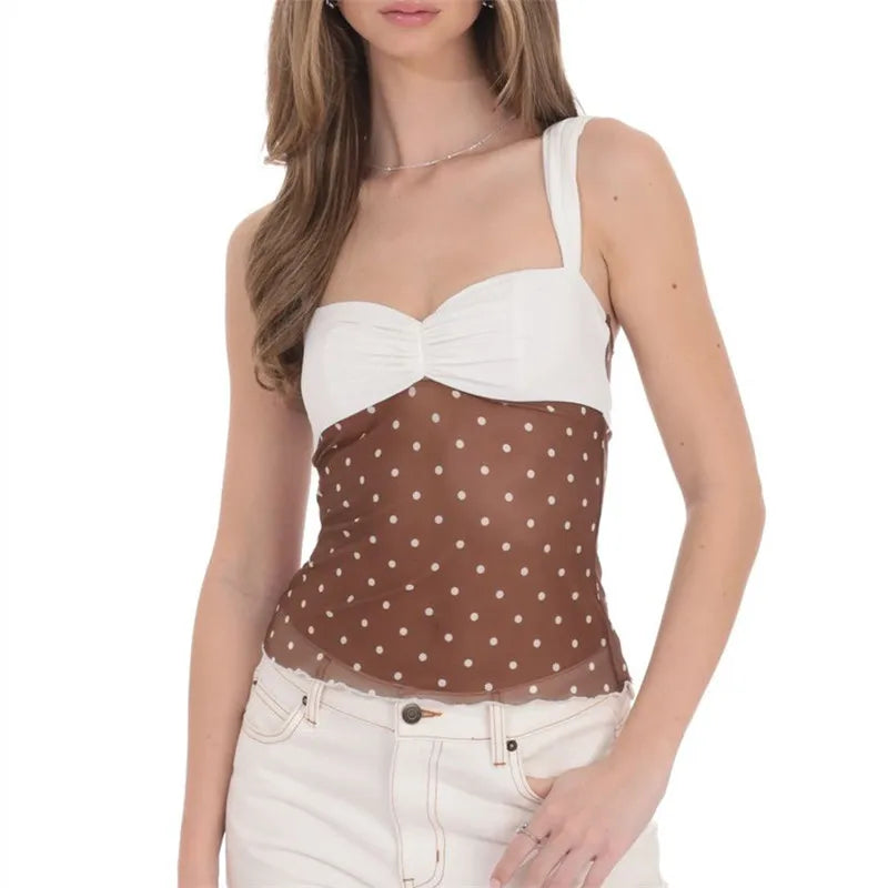 Women's polka dot top in brown sheer fabric, perfect for summer outings