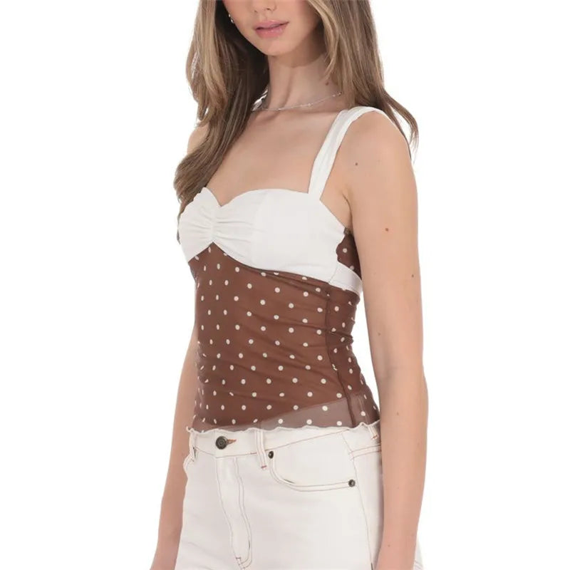 Women's brown polka dot top, sheer fabric, stylish summer wear