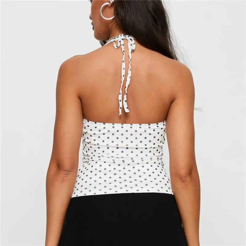 Women's polka dot top in white with adjustable halter neck design