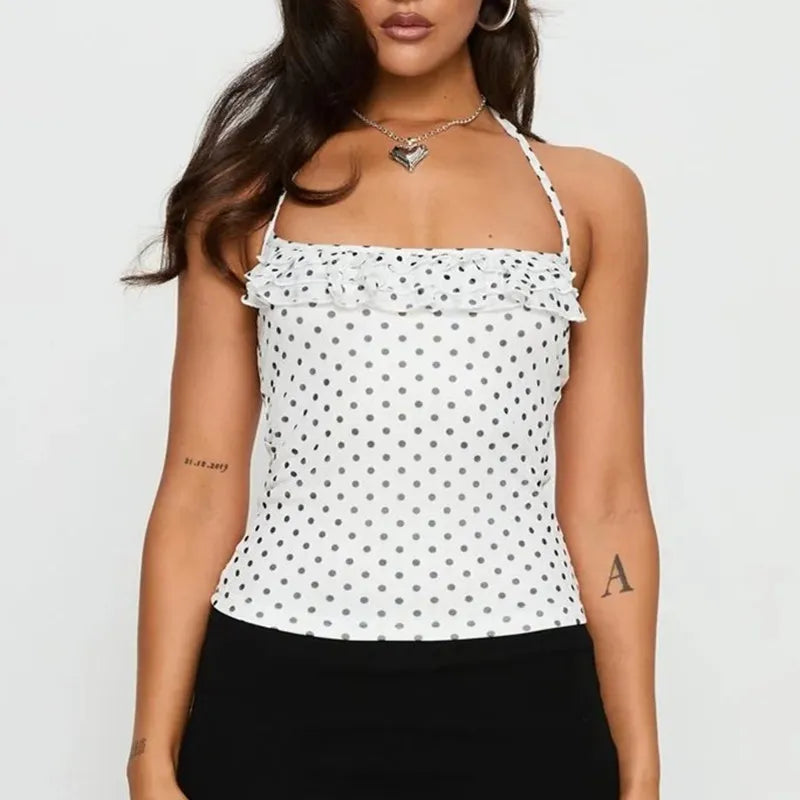 Women's white polka dot top with ruffled neckline for casual wear
