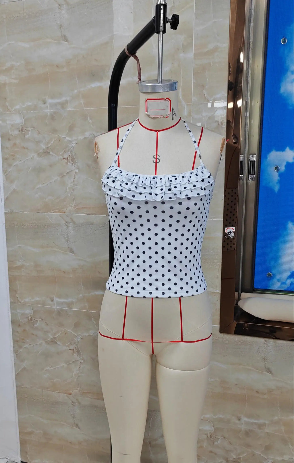Women's polka dot top, white and black, lightweight summer wear