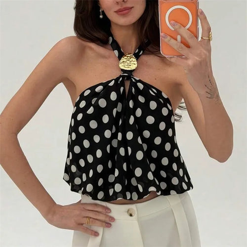 Women's black polka dot tops with halter neck, perfect for casual outings