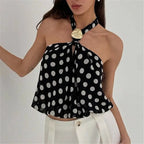 Women's black polka dot tops with halter neck for summer outings
