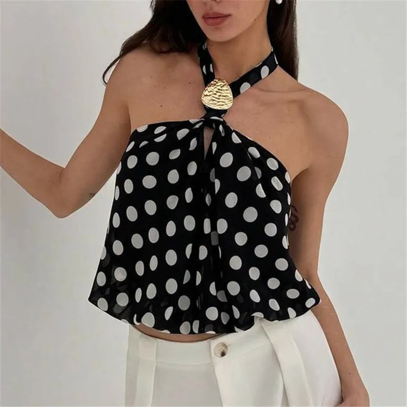 Women's black polka dot tops with halter neck for summer outings