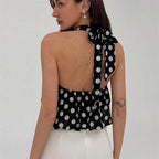 Women's black polka dot top, lightweight fabric, stylish for casual outings