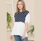 Orange Farm Clothing Women's Polka Dot Tunic Top in Navy and White with Puff Sleeves