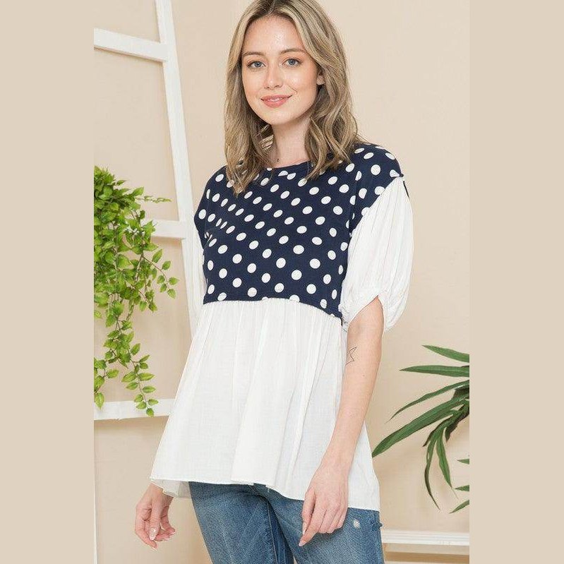 Orange Farm Clothing Women's Polka Dot Tunic Top in Navy and White with Puff Sleeves