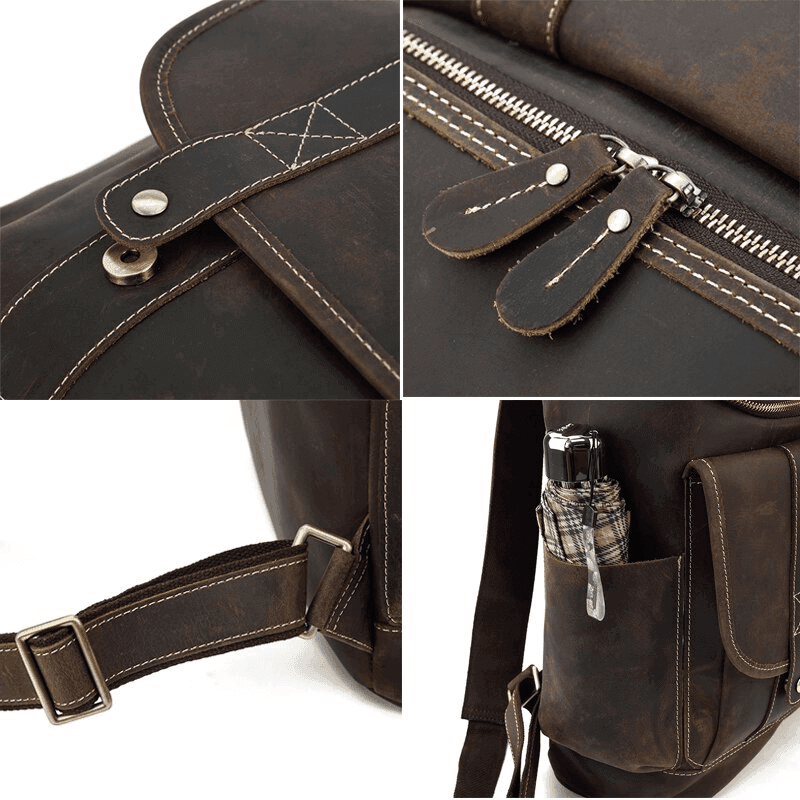 Premium leather backpack with durable zippers and side pocket for added convenience