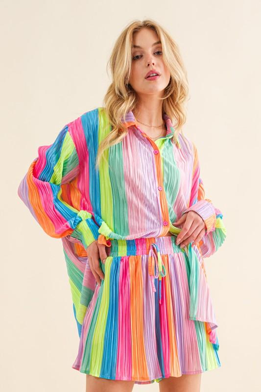 Women's Shirts Press Pleated Rainbow Shirt With Matching Shorts