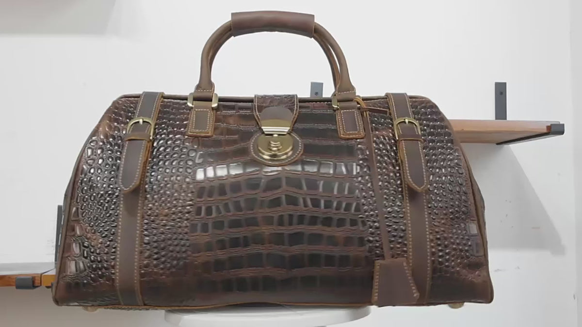 Vintage Crazy Horse Genuine Leather Bag with Lock Big Capacity Travel Duffel