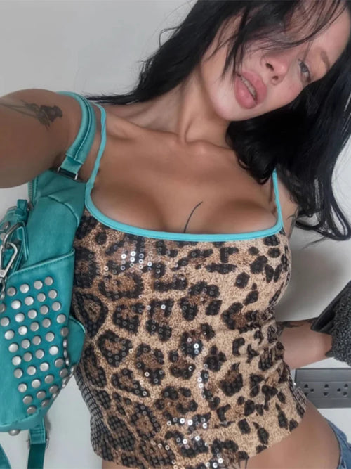 Women's print leopard tank top with sequin detail, casual fashion