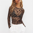 Women's sheer long sleeve shirt with print leopard design, stylish casual wear
