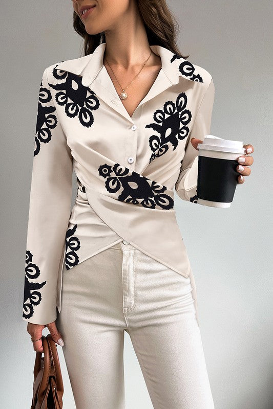 Printed blouse womens in beige with unique black patterns, casual style