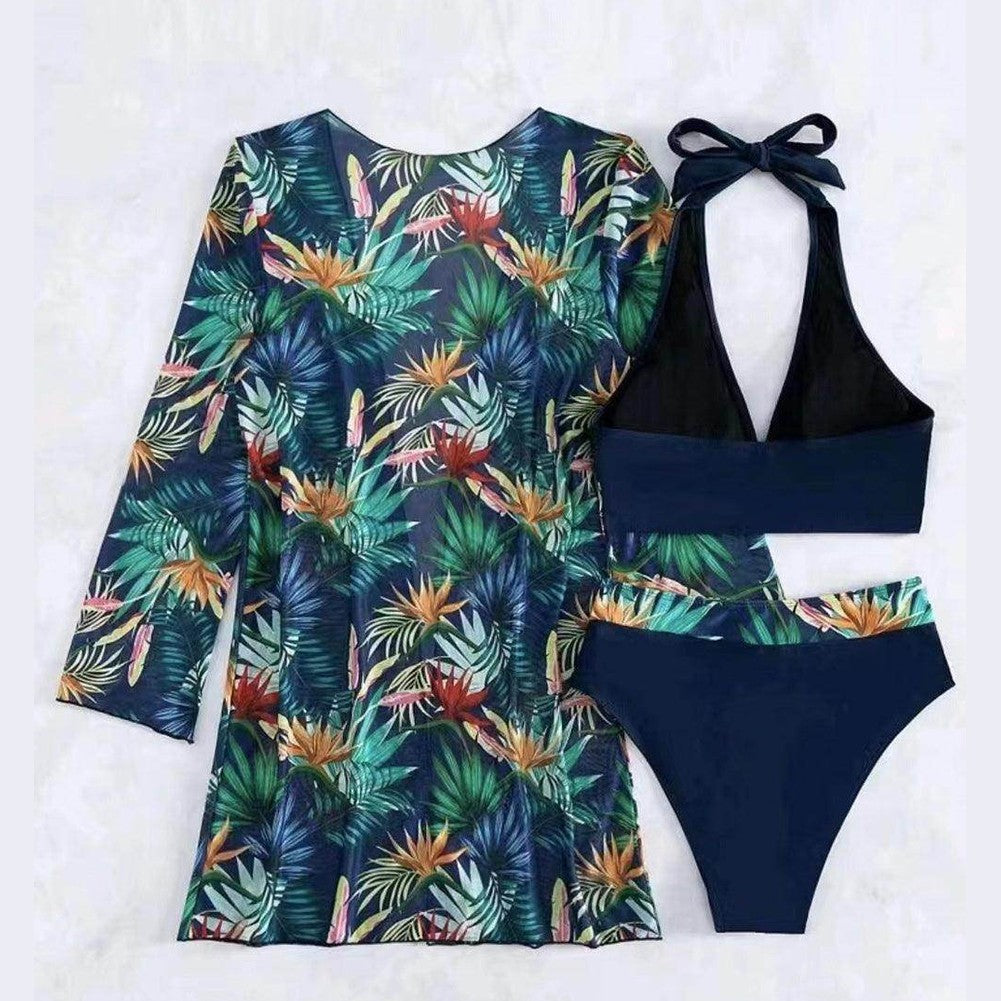 Women's printed halter neck swim set with tropical pattern, perfect for beach outings