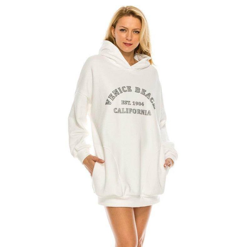 Andante USA printed hoodie dress women in white with Venice Beach graphic and oversized fit