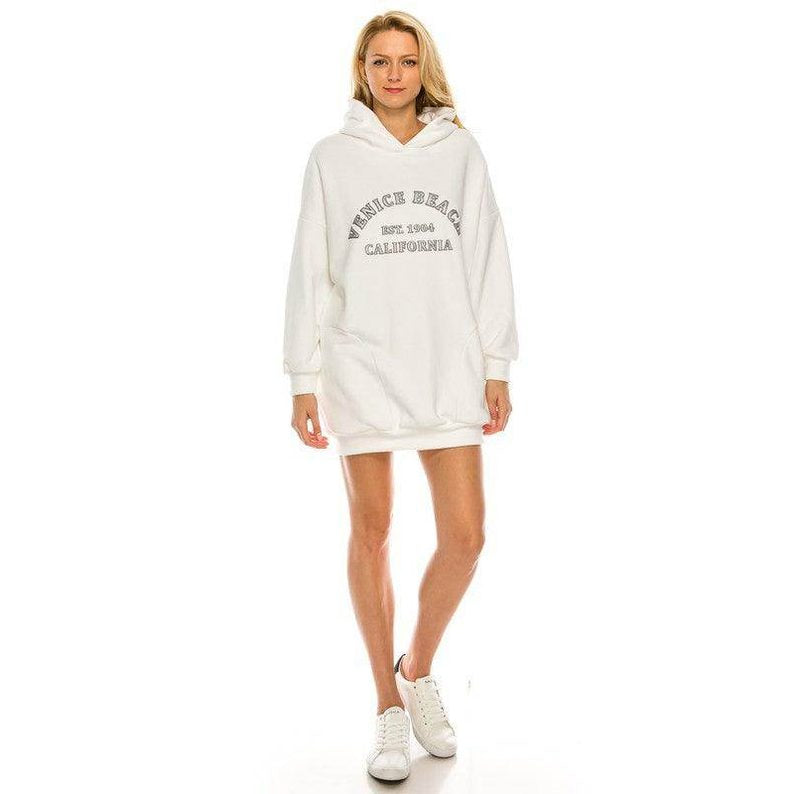 White printed hoodie dress women from Andante USA with graphic print and a relaxed fit