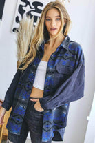 Davi & Dani printed long sleeve jacket in blue and black with button closure, perfect for stylish layering
