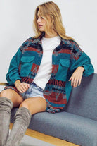 Davi & Dani printed long sleeve jacket in turquoise with tribal pattern for stylish casual wear