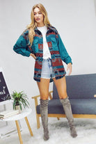 Davi & Dani printed long sleeve jacket in blue and red with a relaxed fit for stylish casual outfits