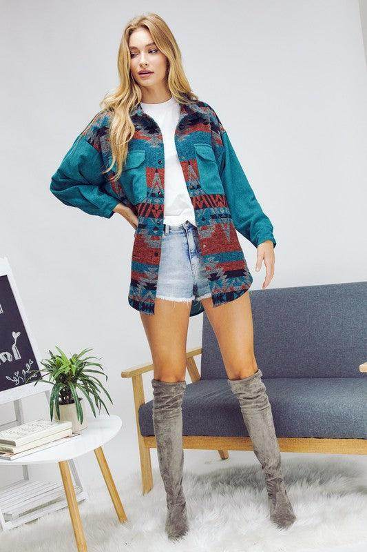 Davi & Dani printed long sleeve jacket in blue and red with a relaxed fit for stylish casual outfits