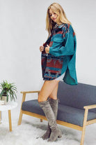Davi & Dani printed long sleeve jacket in teal and multicolor with a relaxed fit for casual styling