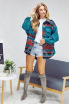 Davi & Dani printed long sleeve jacket in teal with a stylish geometric pattern for casual wear