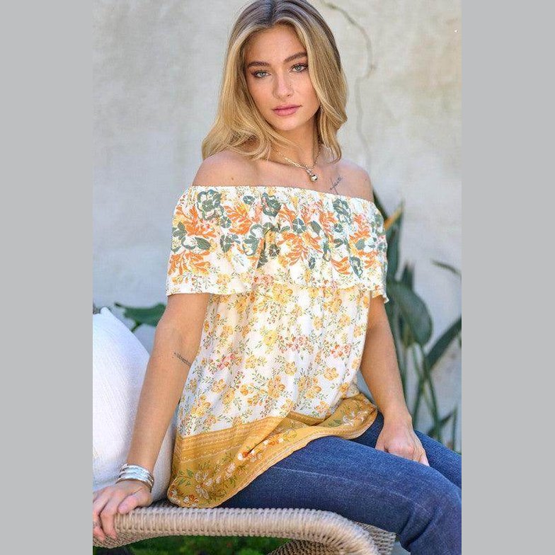 Printed Off Shoulder Smocked Top - VacationGrabs