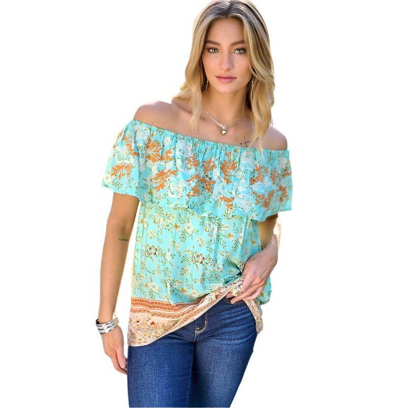 Printed Off Shoulder Smocked Top - VacationGrabs